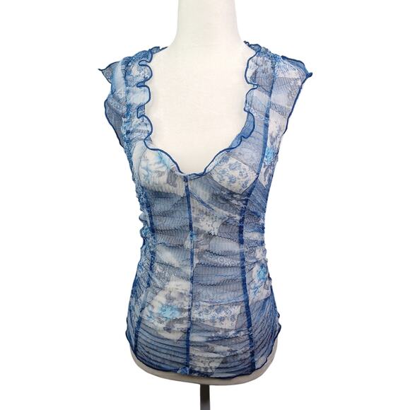 Vintage Y2K Women Floral Sheer Mesh Ruched Going Out Top Blue Fitted Club Retro - Picture 1 of 10